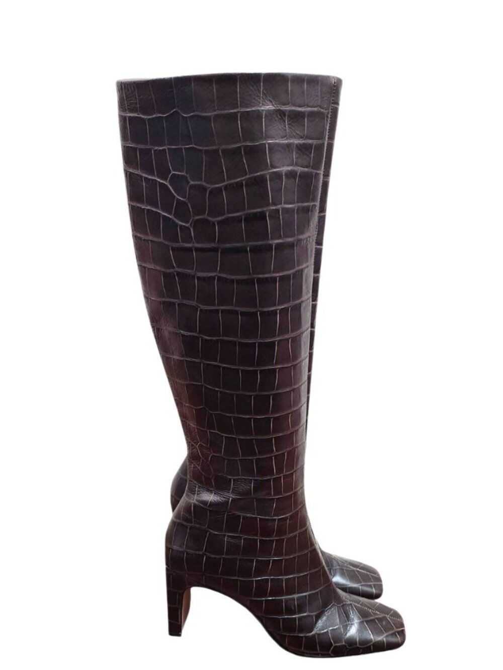 SCHUTZ Brown Croc Embossed Leather Knee High Boots Square Toe 6.5B Brazil